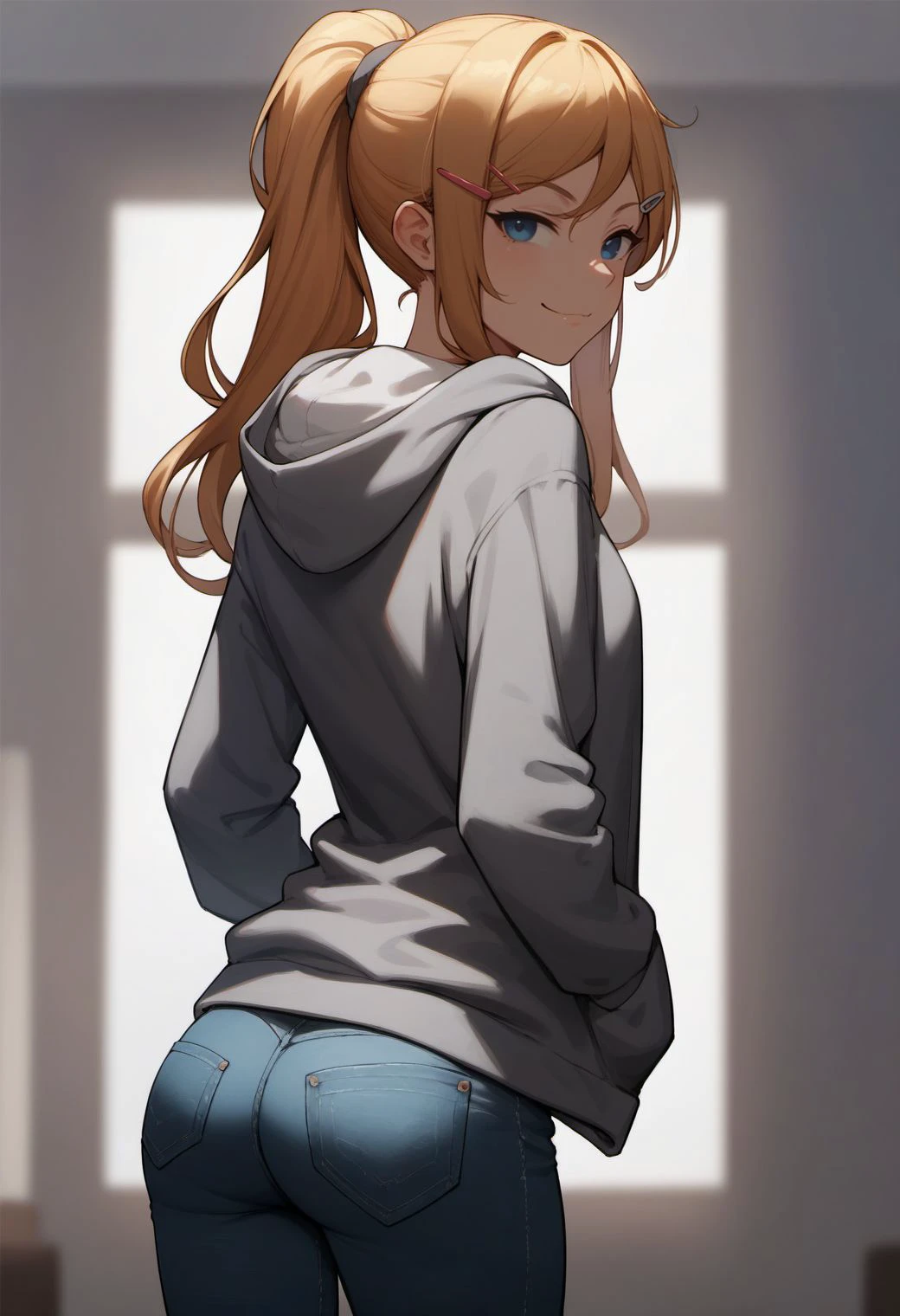 score_9, score_8_up, score_7_up, score_6_up,( sketch:0.8), flat color,
ha1ru, 1girl, solo, long hair, looking at viewer, smile, hair ornament, long sleeves, closed mouth, blue eyes, standing, ponytail, ass, hairclip, looking back, indoors, hood, clothes lift, from behind, blond hair, hoodie, hood down, smug, grey hoodie, jeans,
<lora:hairu_style_v1_final:0.7>,
<lora:fix_hands:1.5>