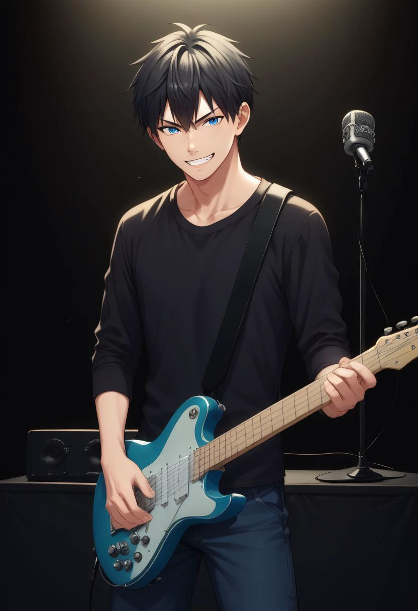 score_9, score_8_up, score_7_up, source_anime, highly detailed, skinny, short neck,
ueno, male focus, 1boy, instrument, guitar, solo, plectrum, black hair, blue eyes, pants, music, shirt, microphone stand, electric guitar, playing instrument, black shirt, grin,
indoor, stage,