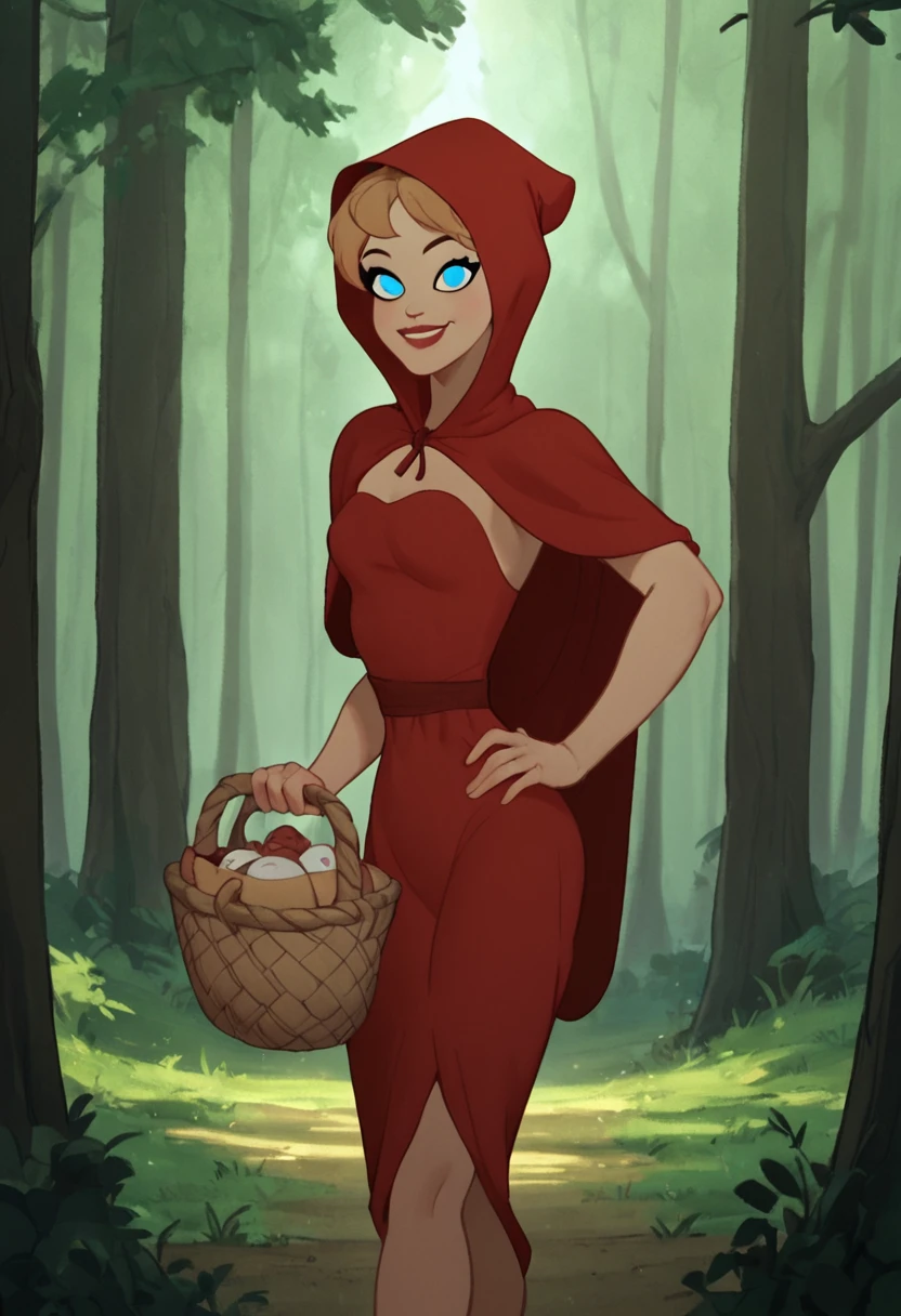 RHRH, basket,red hood, 1girl, solo, blue eyes, red dress, smile, standing<lora:RedHotRHPony1.0:1>, score_9, score_8_up, score_7_up, score_6_up, score_5_up, score_4_up, looking at viewer, hand on own hip, cowboy shot,outdoors, tree, forest,holding,