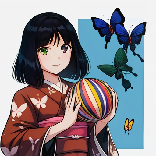 masterpiece, high quality,  1girl,2000s (style), year 2007, anime_art_style, cartoon, anime coloring, ruri madarame, odd eye, Brown eyes, green eyes, 1girl, japanese clothes, solo, kimono, bug, butterfly, black hair, heterochromia, smile, ball, holding,  looking at viewer <lora:Ruri_Madarame:0.9> <lora:add_detail:0.5> <lora:hyperdetailer_v095:0.5>