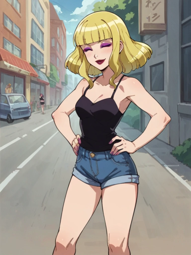 score_9, score_8_up, score_7_up, 
1girl, himekawa goon, blonde hair, blunt bangs, purple eyeshadow, lipstick, closed eyes, 

black camisole, denim shorts, hands on hips, outdoors, street, city,
looking at viewer, smile, 

solo, 