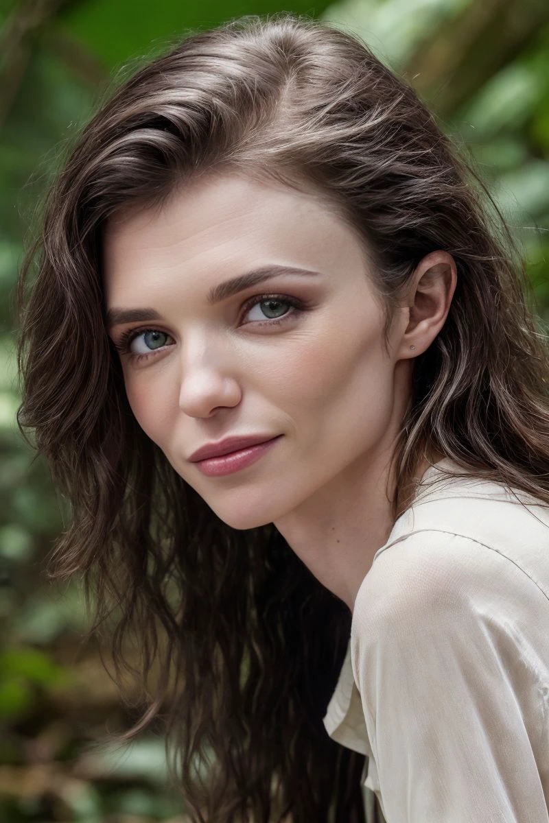closeup headshot of S445_NelyaJorden,a beautiful woman,in a (jungle:1.1),wearing a (shirt),(4k, RAW photo, best quality, 50mm, depth of field, ultra high res:1.1),(intricate, photorealistic, cinematic-shot, masterpiece, ultra-detailed:1.1),