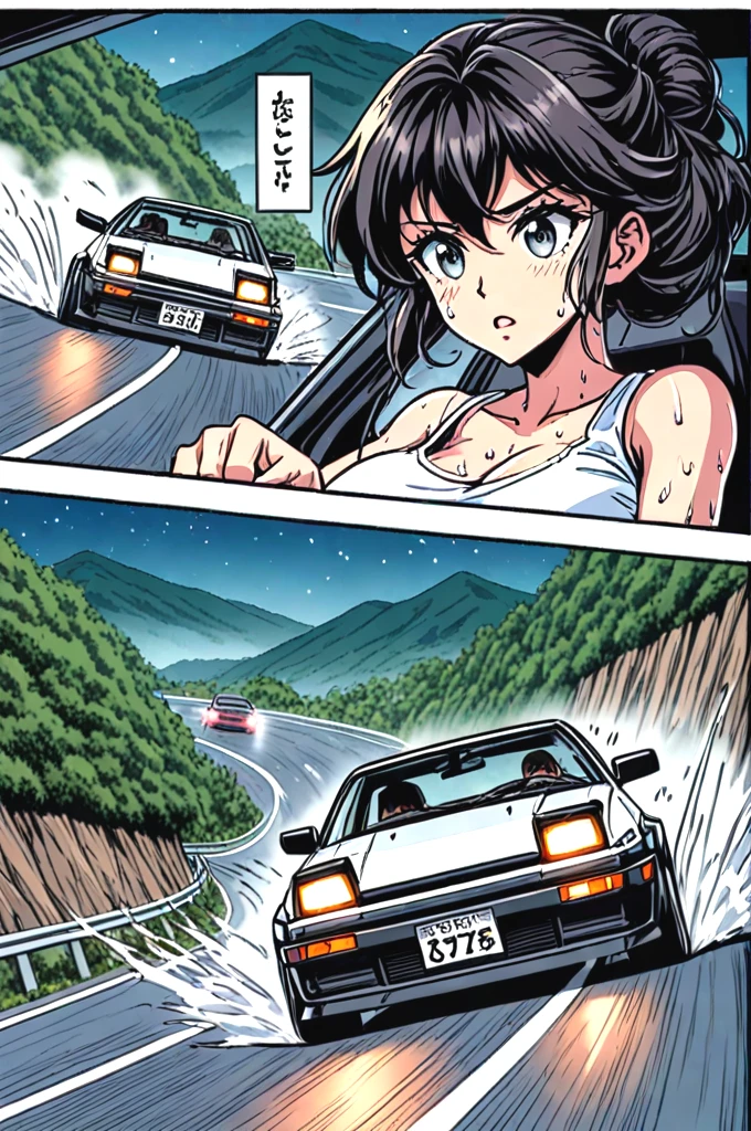 source_anime, score_9, score_8_up, score_7_up, comic, manga, drifting style, solo focus, 1girl in car interior, tank top, big tits, black hair, updo, AE 86, Initial D, seatbelt, motion lines, motion blur, driving, sports car, reflection, dust, wind, downhill, slope road, mountain road, wet, fog, tree, cliff, night, starry sky, <lora:50pics_driftingstyle_pony:0.9>