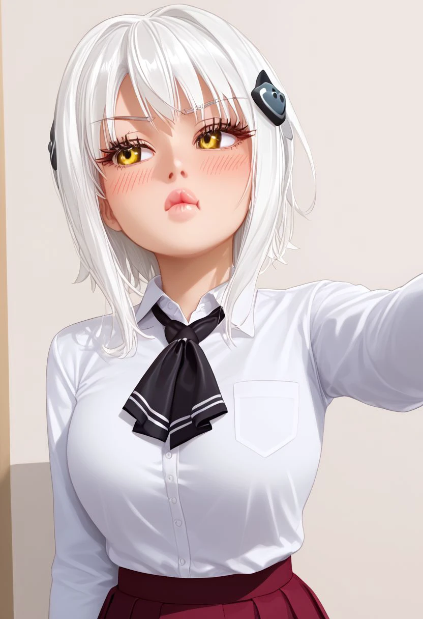 Masterpiece, best quality, high quality, highres, 4k, detailed face, Expressiveh, koneko toujou, short hair, hair ornament, yellow eyes, white hair, medium breast, gyaru, bmbplora, shiny lips, lipgloss, long eyelashes, skirt, school uniform, shirt, white shirt, collared shirt, neckerchief, black neckerchief, long sleeves, red skirt, pout, :t, closed mouth, blushing, averted eyes, looking away, selfie,