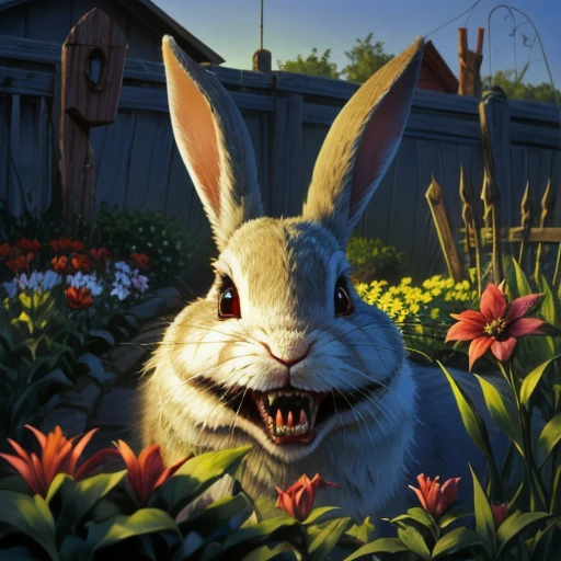 timjacobus, rabbit, sharp teeth, red eyes, close up, garden in background, horror theme, <lora:Tim_Jacobus_Style_Goosebumps:1>