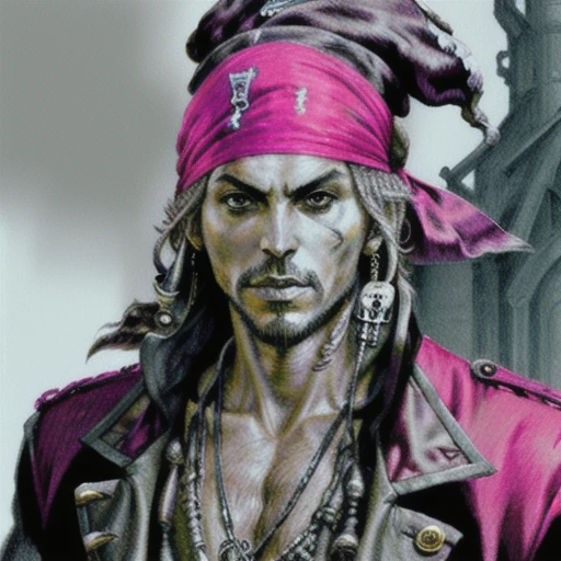 imcc style, pirate, male focus, portrait, focus on face, fantasy, color pencil drawing, <lora:Iain_McCaig_style:1>