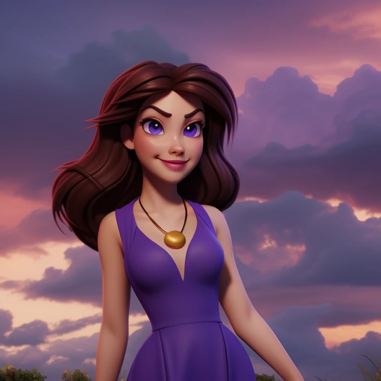 <lora:Vanessa-V1:0.8> Va79ssa, 3d, render, pixar style animation, hires, best quality, ,1girl, woman,clothed, smirk,purple eyes, purple dress, brown hair
(gold shell necklace:1), 
stormy sky <lora:3DMM_V7:0.7> 3DMM