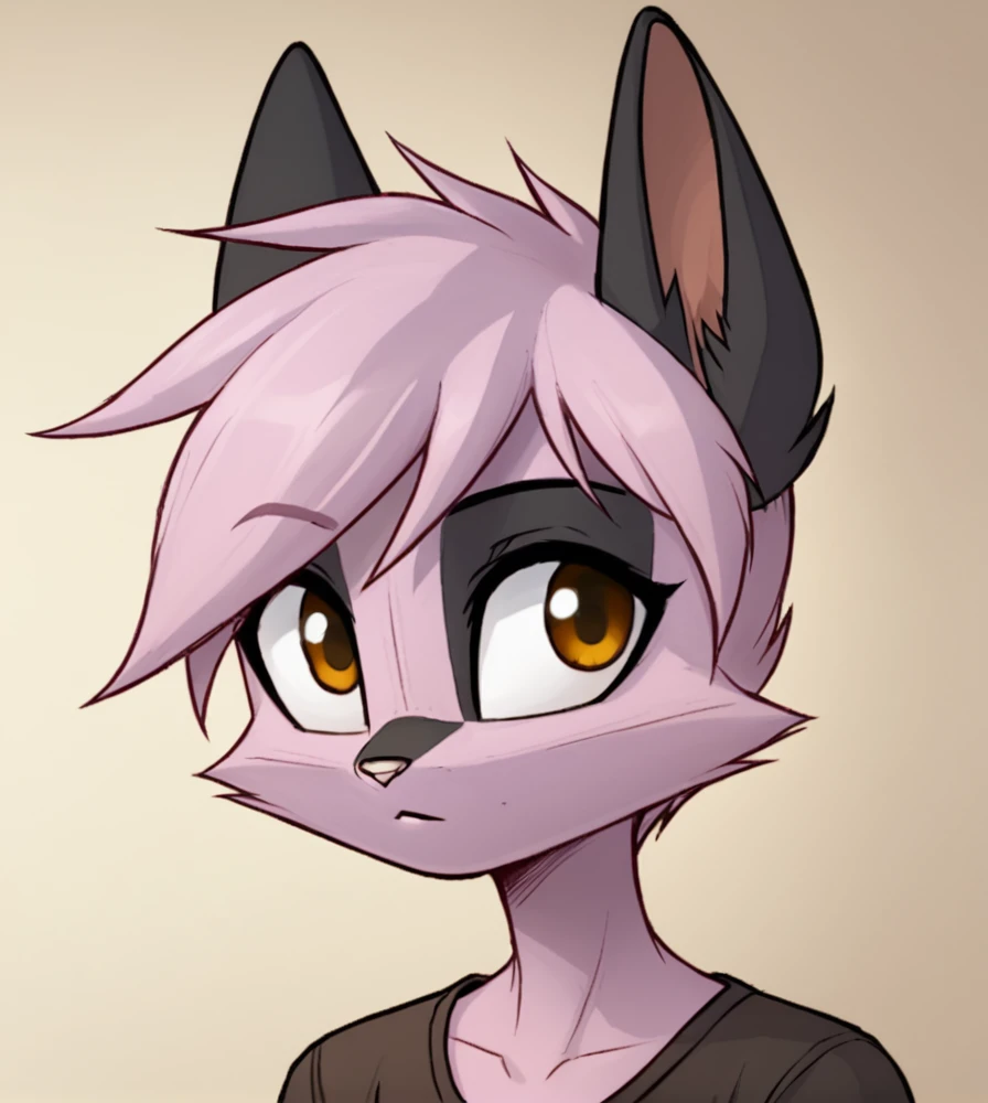 Score_9, score_8_up, score_7_up, flat colors, an Anthro avian crow girl, female, small grey beak, tall, small crow tail, black body, standing, white background, purple eyes, short black emo hair, purple highlights in hair, upper body shot, close up, portrait, naked, black nipples, small breasts, eyes half closed, bored,