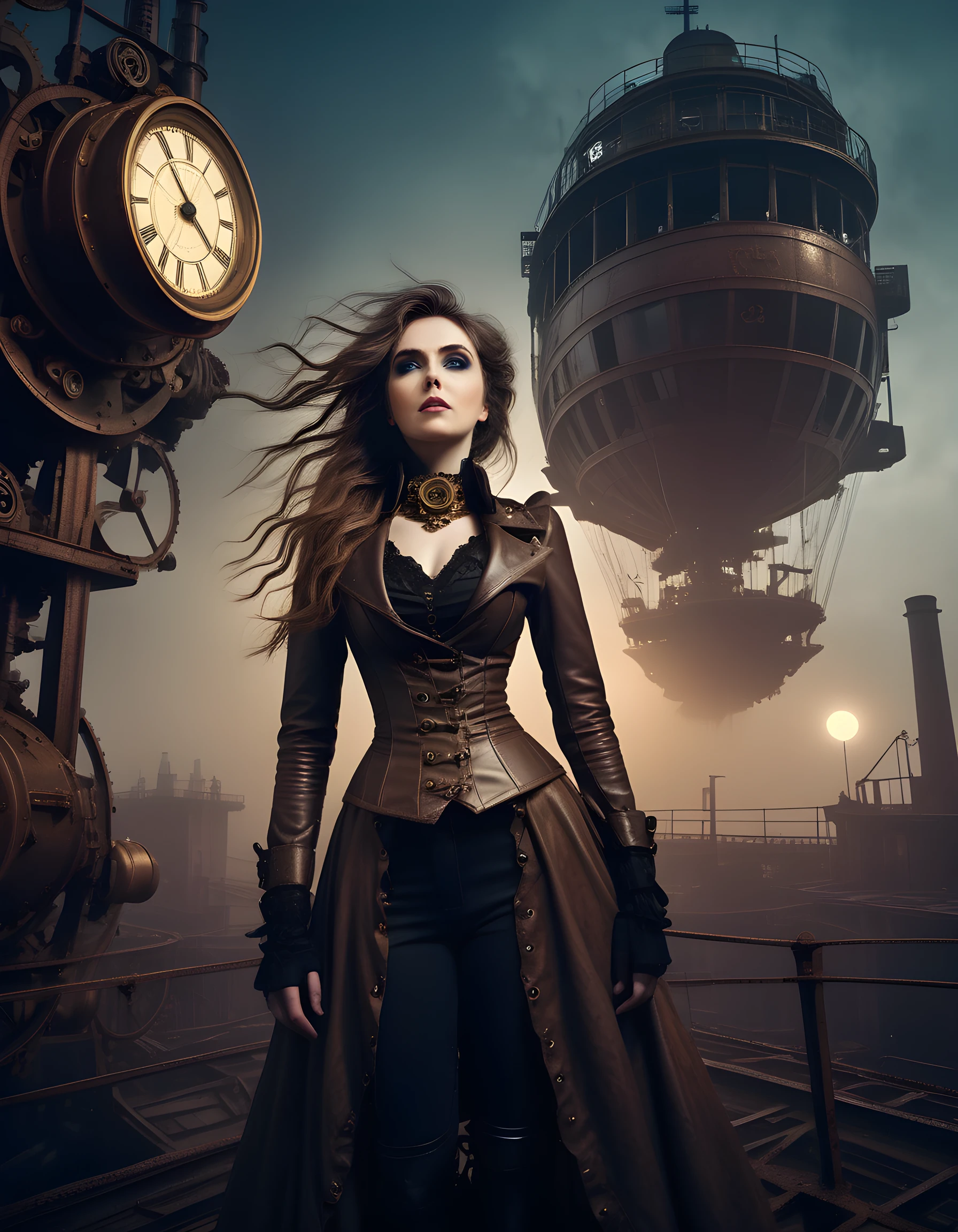 In a steampunk-inspired, Victorian-era setting, Lena stands proudly atop the rusty, intricate gears of an abandoned airship in a dilapidated, foggy London dockyard, her eyes glinting with determination as she clings to the machinery, her elaborate, brass-and-leather steampunk outfit glistening under the dim, ethereal glow of a moonlit sky, while the wind whips her long, flowing hair and the shadows dance ominously around her, creating an intense and dramatic atmosphere. The camera angle is low, looking up at Lena from the ground, capturing the gritty details of the industrial background and emphasizing the towering height she's achieved, making her a beacon of resilience amidst the decaying landscape.