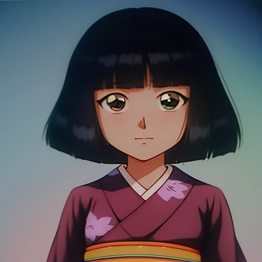 masterpiece, high quality,  1girl,2000s (style), year 2007, anime_art_style, cartoon, anime coloring, ruri madarame, odd eye, solo, japanese clothes, kimono, short hair, bob cut, 1girl, bangs, closed mouth, purple kimono, upper body, brown eyes, Green eyes, black hair, obi, sash, blunt bangs, looking at viewer, <lora:Ruri_Madarame:0.9> <lora:add_detail:0.5> <lora:hyperdetailer_v095:0.5>