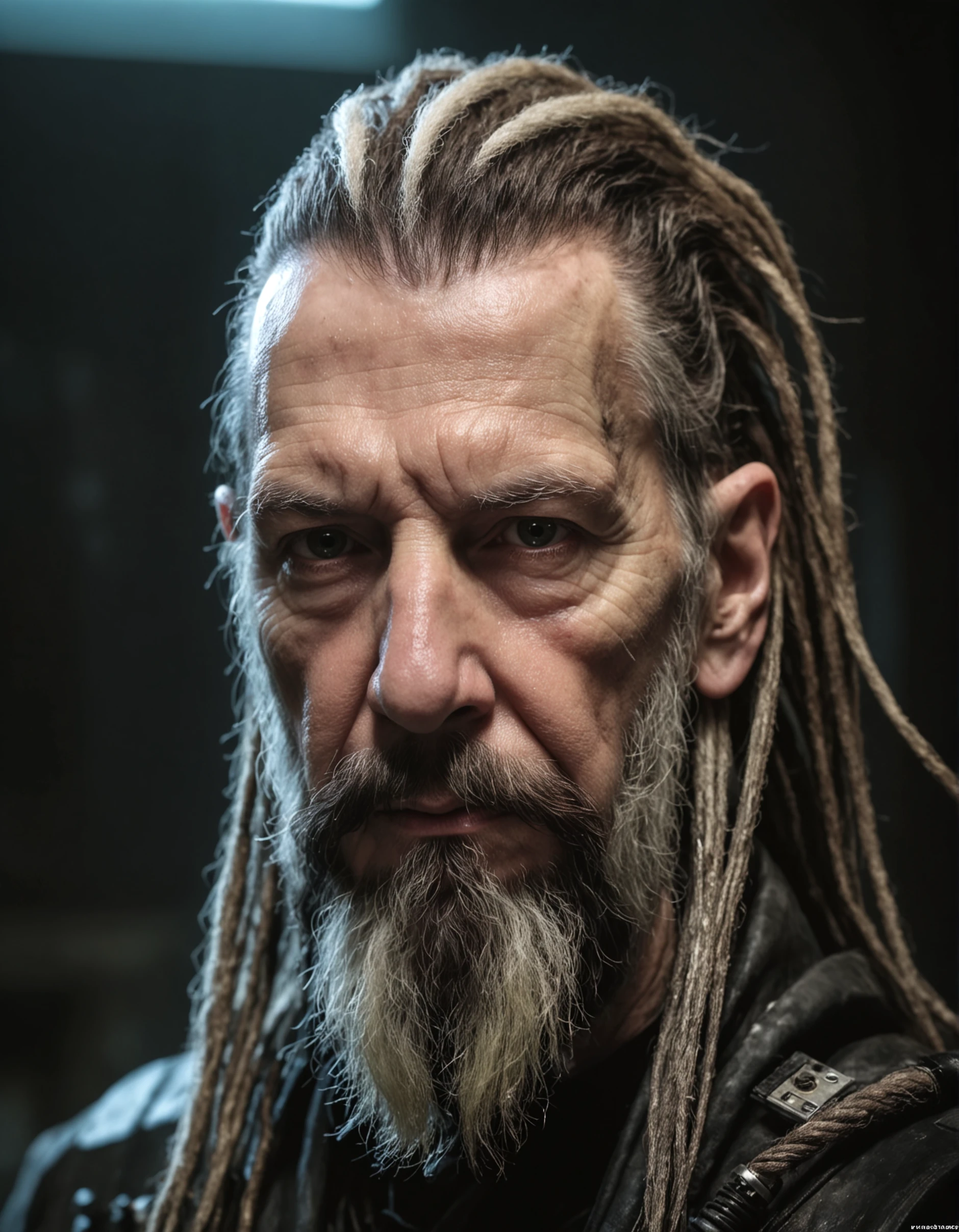 photo, face portrait, old cyberpunk king, neo punk, long weird beard, natural lighing, awardwinning, hacker lab, wires, dust
