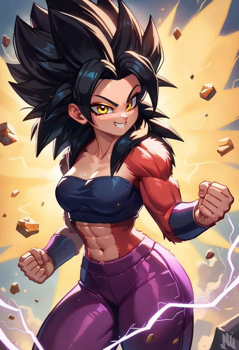 score_9, score_8_up, score_8, cute, curvy, 
 Super_Saiyan_4_Caulifla,  1girl,  crop top,  long black hair,  body fur,  red fur, yellow eyes, 
purple pants, 
Aura, energy, glowing, swirling energy,  
electricity, aura, smile, smug, clenched_fist, looking at viewer, cowboy shot,  glowing, aura, energy, beam, flying debris, serious, floating hair,