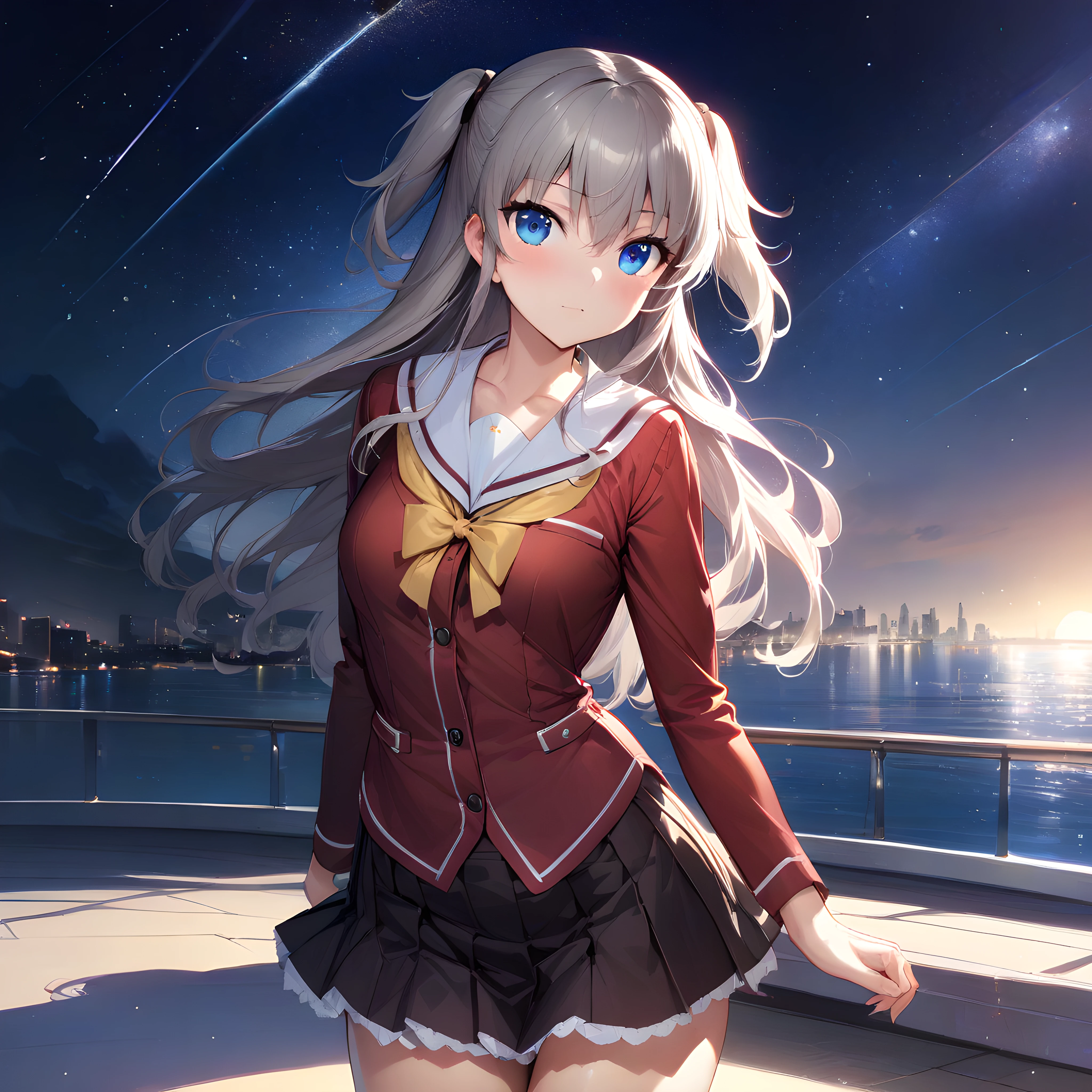 (masterpiece),(best quality),(ultra-detailed),(best illustration),(best shadow),(absurdres),(detailed background),(very aesthetic), nao_tomori, 1girl, solo, long hair, school uniform, blue eyes, skirt, sky, two side up, looking at viewer, starry sky, star (sky),  <lora:XL-NaoTomori:1>