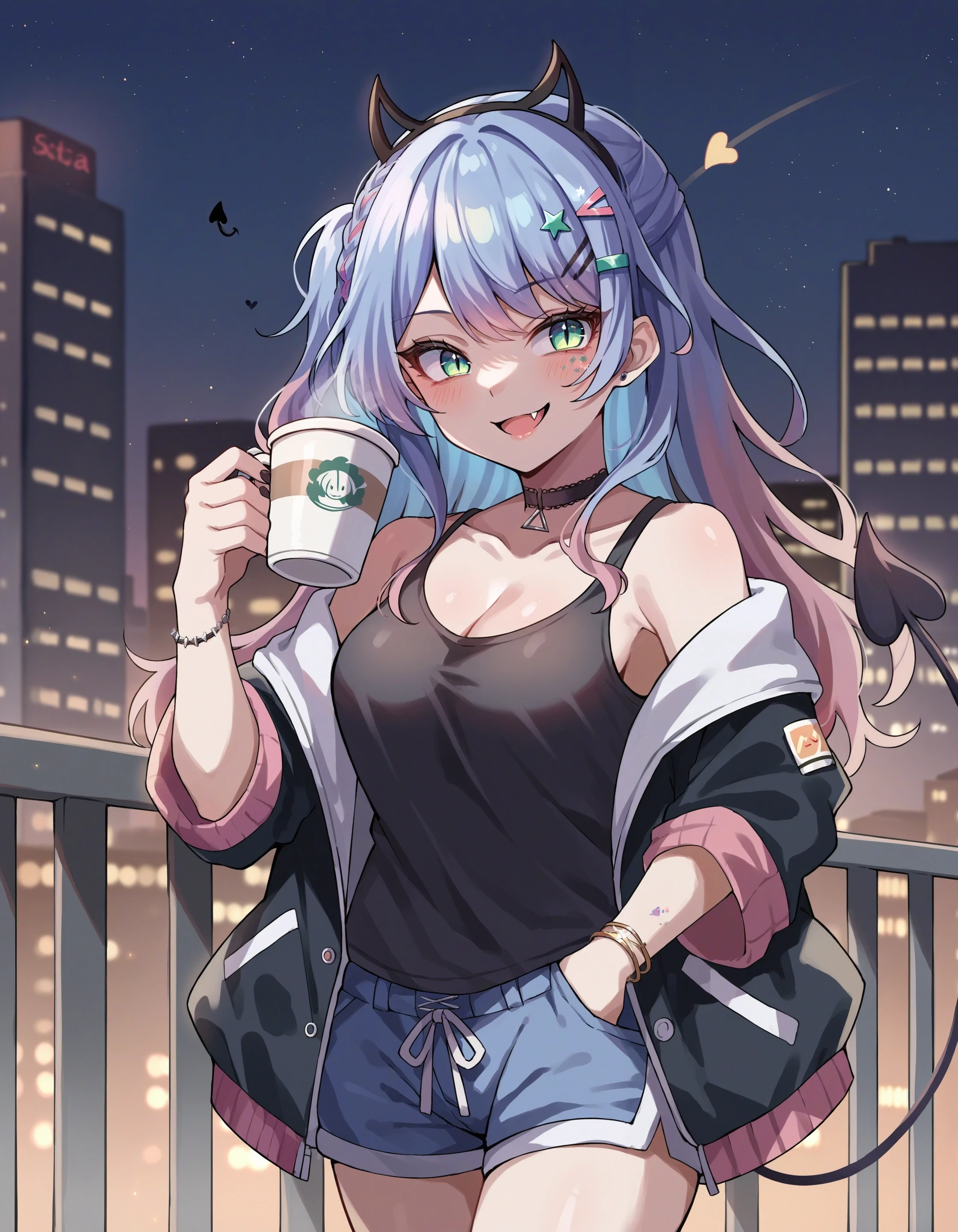 score_9, score_8_up, score_7_up, source_anime,
1girl, sata nakia, hairclip, fake horns, slit pupils, fangs, choker, smile, smug,
black tank top, jacket on shoulders, cowboy shot, short shorts, bangle, choker, demon tail,
holding coffee, disposable cup, leaning,railing, looking at viewer, city, night,
<lora:char_sata_nakia-pony-lbw:1>