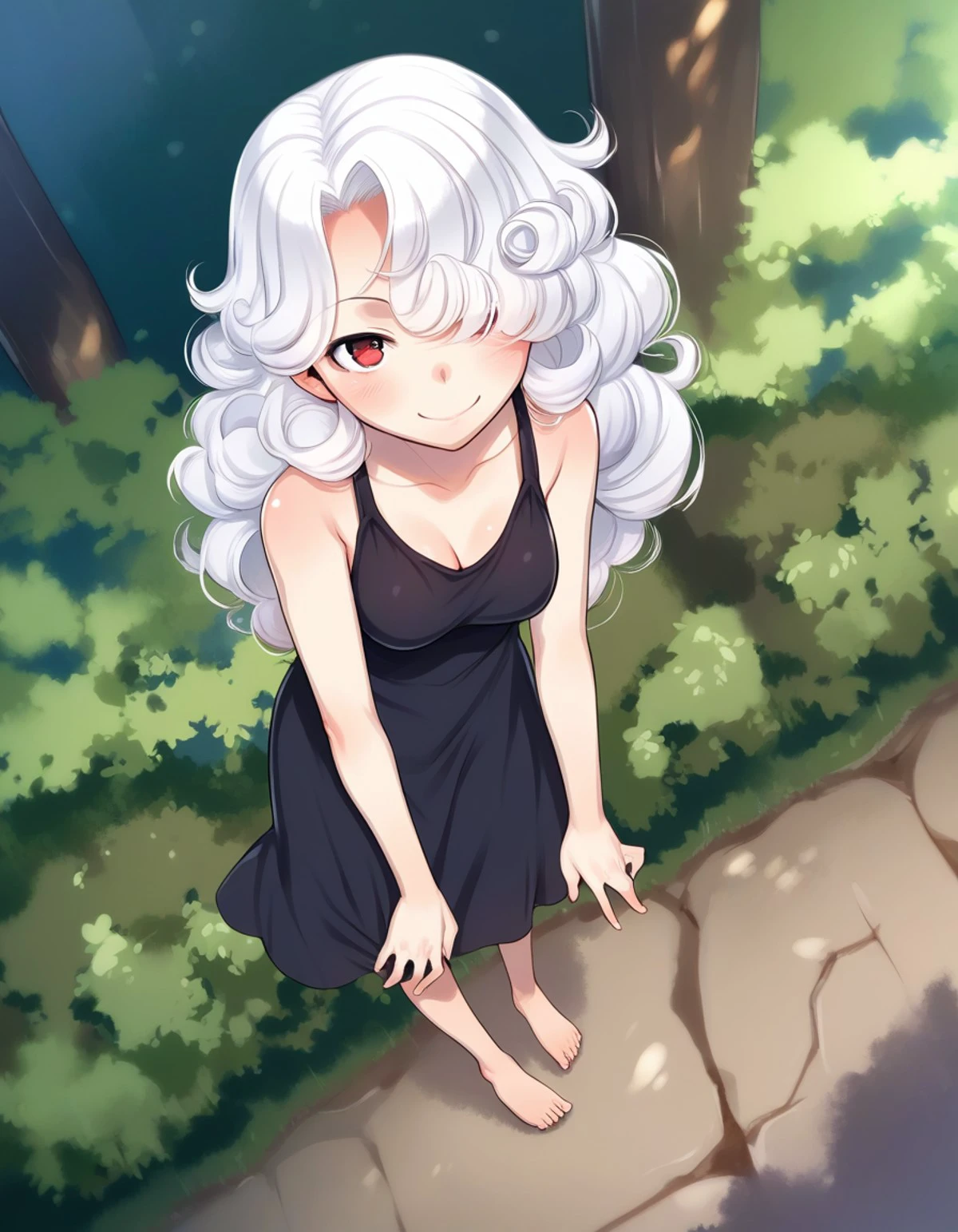 score_9, score_8_up, score_7_up,score_6_up,score_5_up,score_4_up, 1girl, solo, red eyes, long hair, medium breasts, barefoot, dress, white hair, smile, hair over one eye, looking at viewer, blush, standing, curly hair, forest, from above, dutch angle,
<lora:teruki_kuma_style_pony6_v1:1>
