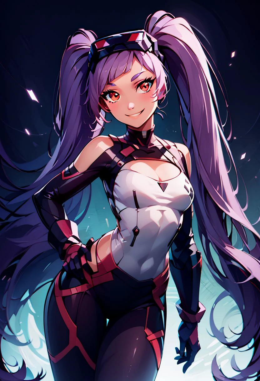 score_9, score_8_up, score_8, medium breasts, (curvy), cute, eyelashes,     
rating safe, 
BREAK,
zzEntrapta, red eyes, purple hair, long hair, twintails, very long hair, gloves, bodysuit, goggles on head, large breasts, cleavage, clothing cutout,
BREAK,
smile, looking at viewer, hand on hip, 
abstract technology background, 
zPDXL, Expressiveh, zzLoveLive,