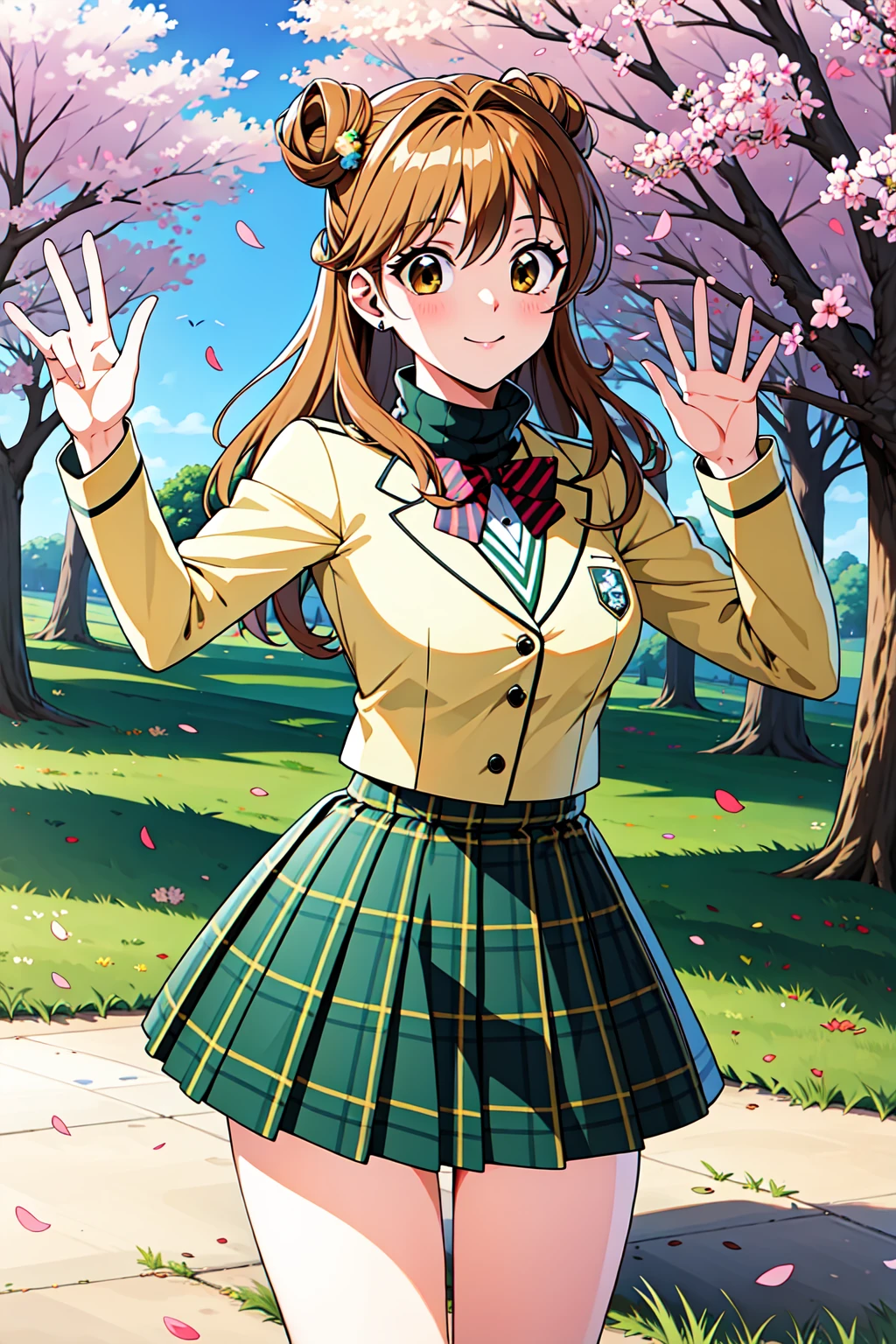 best quality, masterpiece, highrers, waving, maronk, bowtie, juliet sleeves, turtleneck, green plaid skirt,  school uniform, cherry blossoms, doughnut hair buns, cowboy shot,waving, <lora:maronk-000007:.7>