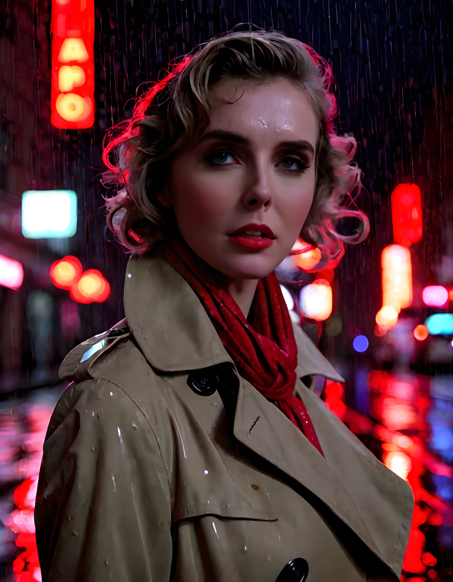 In a high-contrast, noir-inspired setting, Lena is captured in a dramatic close-up by a low-angle camera shot, her silhouette framed against the ominous cityscape of neon lights and rain-slicked streets. Clad in a vintage 1940's style trench coat with a vibrant red scarf knotted around her neck, Lena poses defiantly with her hands on her hips, her steely gaze fixed directly into the camera lens, as the faint glow of a streetlamp illuminates her determined expression amidst the shadows and the rain.