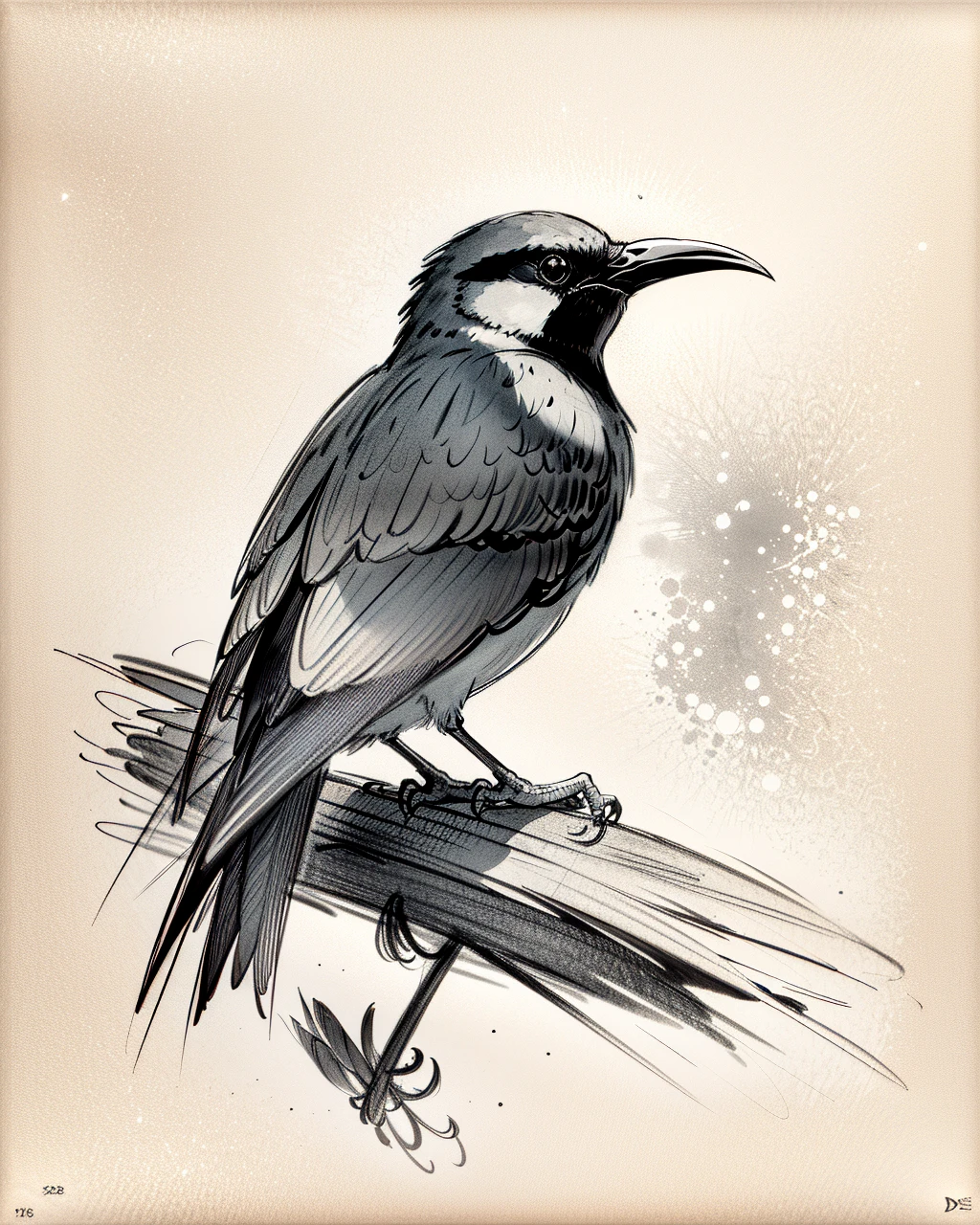 best quality,masterpiece,highly detailed,ultra-detailed, 
 <lora:neg9V2_last:0.7>  doodle, monochrome, traditional media, greyscale, sketch, simple background
 <lora:doodle:1>
Sunbird, Small, Vividly colored feathers, Vividly colored feathers.