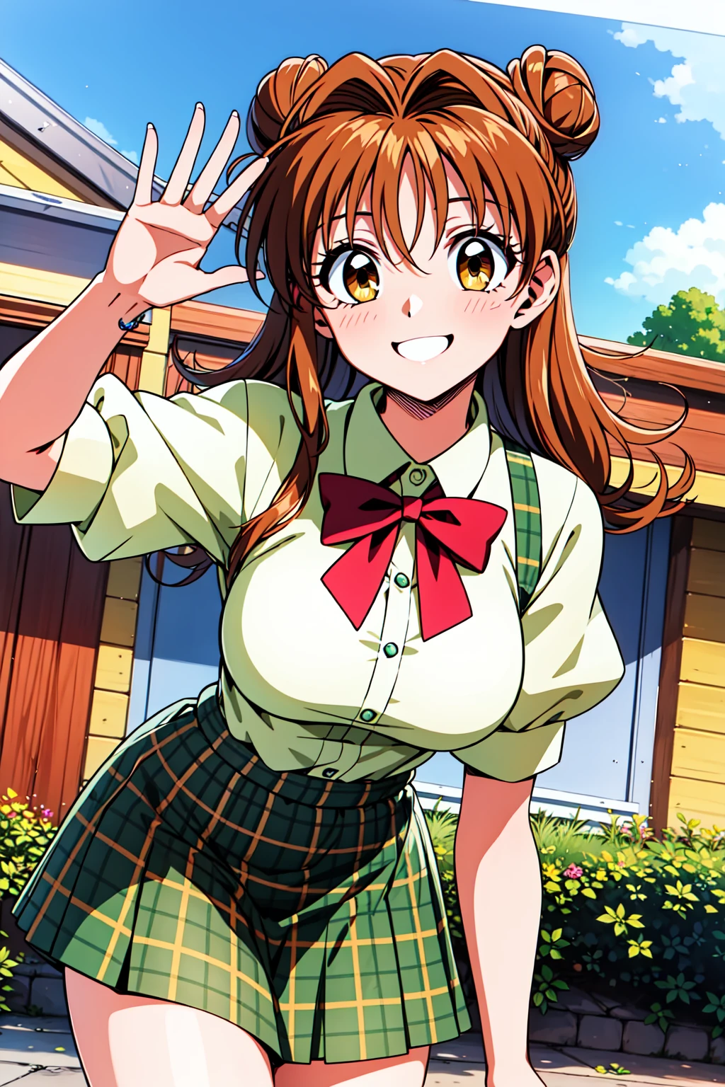 best quality, masterpiece, highrers,  maronk, smile, hair down, doughnut hair buns, 1990s \(style\), 
looking at viewer,juliet sleeves, red bowtie, yellow shirt, green plaid skirt, green collar,
outdoors, cowboy shot,  leaning forward, waving, 
<lora:maronk-000007:.6>