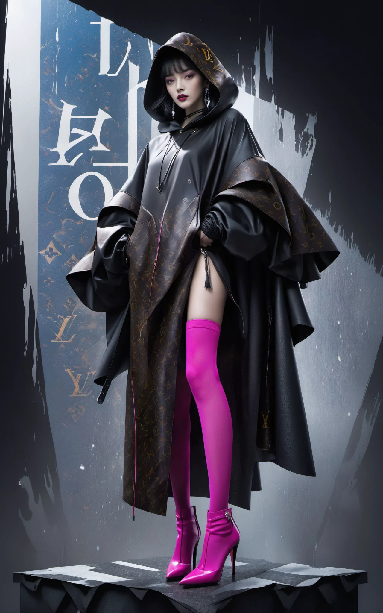 XUER poster art,1girl,solo,looking at viewer,short hair,black hair,long sleeves,jewelry,earrings,parted lips,hood,necklace,lips,grey eyes,makeup,lipstick,cloak,hood up,light magenta lips,Louis Vuitton costume,standing,posing for a picture,(full body:1.3),(leggy,slim:1.1),light magenta stockings,
Dynamic Angle,Dynamic posture,Perspective,High Point,pov,<lora:绪儿 海报艺术 XUER poster art:0.8>,
(8k, RAW photo, highly detailed,masterpiece,  highest quality),rich colors,high contrast,full shot body photo of the most beautiful artwork in the world,cinematic light,fantasy,highres,(detailed face),ultra-realistic,high dynamic range,
photoreal,epic realistic,dark shot,shadows,darkness,contrast,layered colors,vivid colors,contrast,offcial art,colorful,splash of color,movie perspective,very aesthetic,disheveled hair,perfect composition,moist skin,intricate details,moody,epic,photorealistic,color  graded cinematic,
atmospheric lighting,award winning photo,film grain,A shot with tension,(Visual impact,giving the poster a dynamic and visually striking appearance:1.2),impactful picture,
A shot with tension,(Visual impact,giving the poster a dynamic and visually striking appearance:1.2),impactful picture,offcial art,movie perspective,advertising style,magazine cover,