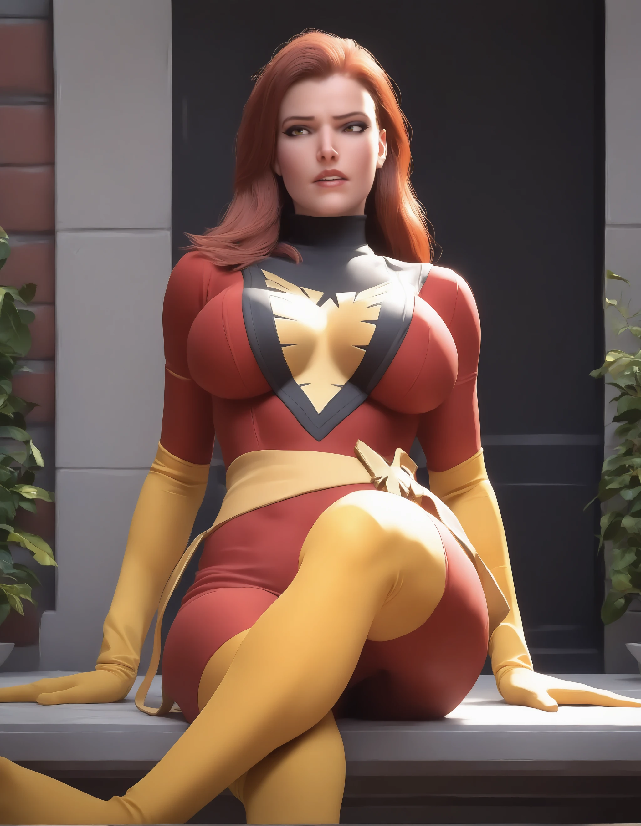 score_9, score_8_up, score_7_up, score_6_up, score_5_up, score_4_up, 3d render, toon \(style\), 1girl, JeanGrey,red bodysuit, yellow elbow gloves, sash, yellow thigh highs, parted lips, sitting, hands between legs,  huge breasts, apartment,  <lora:phoenix-10:1>