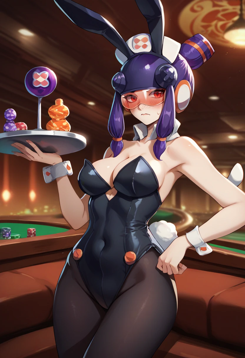 score_9, score_8_up, score_7_up, source_anime, solo, 1girl, meddyexe, blush, flustered, looking at viewer, holding tray, purple hair, helmet, nurse cap, red eyes, tinted eyewear, playboy bunny, black leotard, black pantyhose, cleavage, indoors, casino <lora:megamanbattlenet_meddy_ponyXL:1>
