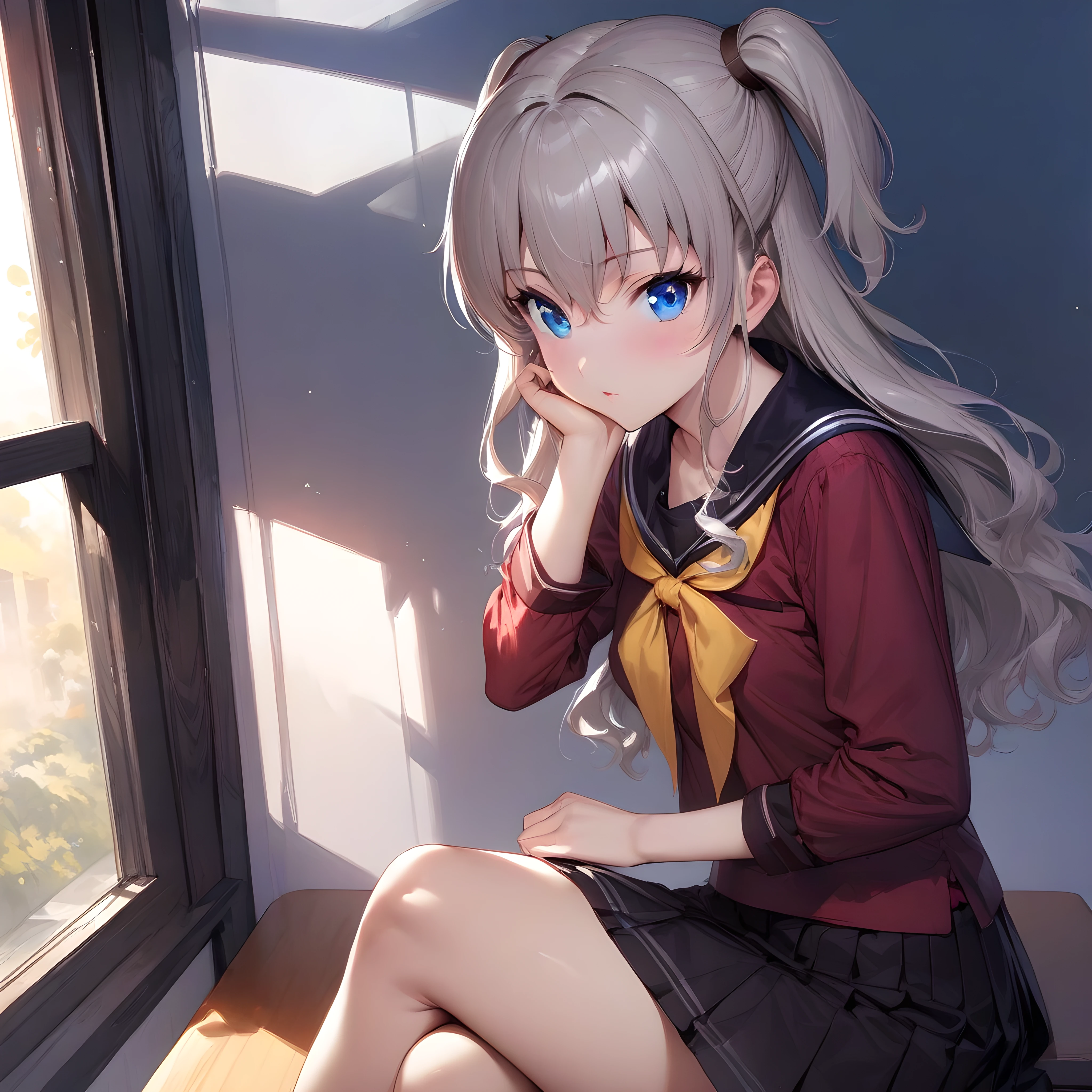 (masterpiece),(best quality),(ultra-detailed),(best illustration),(best shadow),(absurdres),(detailed background),(very aesthetic), nao_tomori, 1girl, school uniform, blue eyes, solo, long hair, two side up, serafuku, sitting, crossed legs, skirt, window, desk<lora:XL-NaoTomori:1>