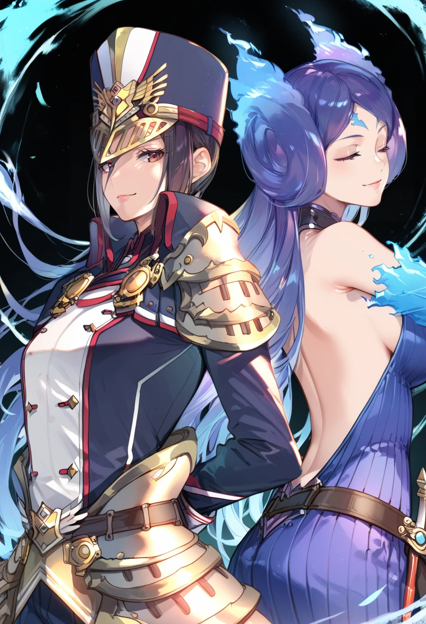 (score_9:0.9),score_8_up,score_7_up,anime style,rating_safe,(zPDXL),<lora:XB2 brighid and morag ponyXL v2:0.96>,morag_xb2,blue military uniform,blue military hat,brighid_xb2,blue dress,2girls,multiple girls,weapon,large breasts,smile,sword,reverse trap,pauldrons,looking at viewer,simple background,cleavage,sideboob,collarbone,