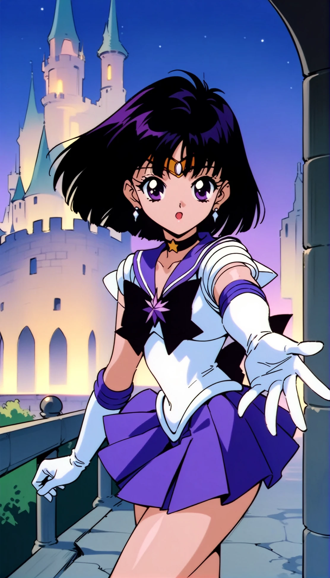 masterpiece,best quality,very aesthetic,absurdres,<lora:Sailor Saturn XL:0.8>,Sailor Saturn XL,1990s \(style\),1girl,solo,sailor senshi uniform,jewelry,skirt,choker,star choker,sailor collar,bow,brooch,star brooch,purple sailor collar,purple skirt,gloves,tiara,short hair,white gloves,earrings,elbow gloves,black hair,purple eyes,pleated skirt,castle,outdoors,night,outstretched arm,looking at viewer,