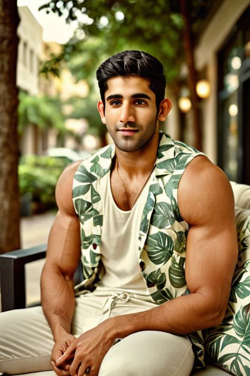 side view, full body view, analog film photo, Varun Sood a man <lora:Varun-Sood:1>,  muscular,((stubble:1.3)),having sec on cozy sofa,((looking at the camera:2)), a white shirt with a leaf-like pattern, carrying a backpack on one shoulder, outdoor environment with trees storefronts buildings,desaturated,35mm photo, grainy, vignette, vintage, Kodachrome, Lomography,stained, perfect face, highly detailed,  <lora:add-detail-xl:1>