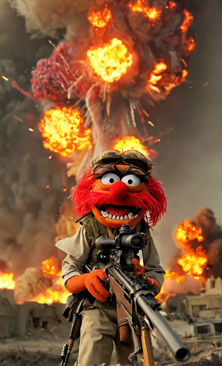 beautiful photo of Animal_Muppet, shooting sniper rifle, wearing military uniform, red face, angry face, teeth, battlefield background, movie still, massive explosion:1.2, fire, smoke, intricate details, like-like, dramatic lighting, <lora:detailed_notrigger:0.777>  film photography style, light grain, <lora:Animal_Muppet><lora:Explosion Artstyle - Trigger is Explosion Artstyle>