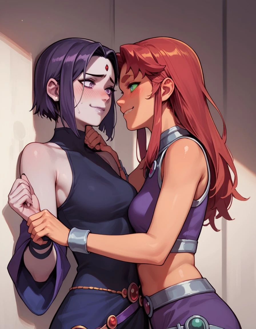 score_9, score_8_up, score_7_up, score_6_up, source_cartoon, source_anime,
fdom_awall, yuri, 2girls, raven and starfire, about to kiss, nervous blush, confident smile, femdom, rating_questionable, wrist grab, , <lora:460134f1-d660-4ea2-a793-453961ed137d:0.7>