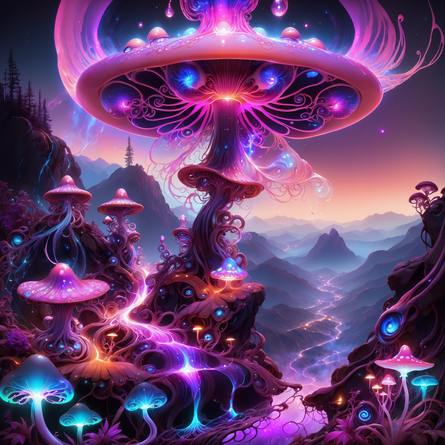 <lora:aiai-DiscoFaces-XL1-v1-captions:0.75> aiai-DiscoFaces style fantasy landscape with psychedelic mushrooms and pink mist and bong smoke, purple haze, eyeball plants, in the style of rodney matthews, 70s fantasy poster, bioluminescent fungal flora betwen winding canyon, exaggerated colorful art, highly detailed, 8K vibrant colors, high contrast, vivid lighting, hyperrealism, masterpiece, best quality