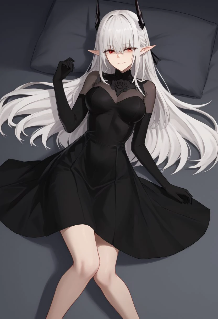 1girl, absurdres, solo, Sarkaz_Dancer, white hair, long hair, horns, pointy ears, red eyes, hair over eyes, eyes visible through hair, asymmetrical skirt, high heels, black dress, black gloves, elbow gloves, bodystocking, see-through cleavage, on back, lying, naughty face, half-closed eyes, light smile