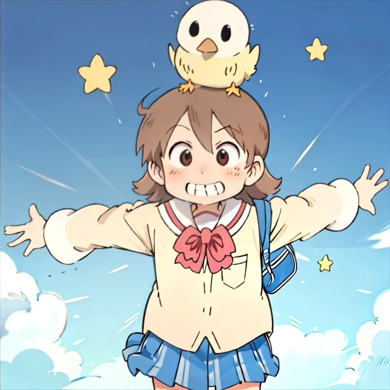 best quality, masterpiece, beansmile, smile, open smile, teeh, clenched teeth, grin, open mouth, 1girl, ncjstyle, ncjzzz, aioi yuuko, 1girl, red bowtie, tokisadame school uniform, school uniform, star (symbol), solo, brown hair, short hair, skirt, animal on head, on head, bird, bird on head, outstretched arms ///NICHIJOU STYLE LORA FROM CIVITAI