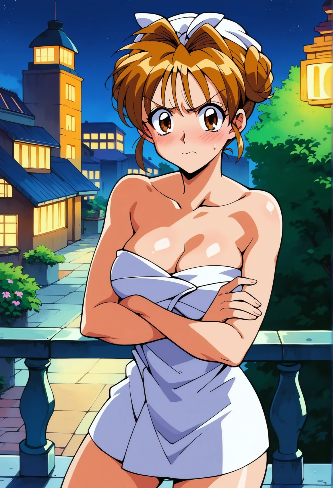 score_9, score_8_up, score_7_up, score_6_up, score_5_up, score_4_up, source_anime, BREAK 1 girl, solo, <lora:maron_pony:.8>, looking at viewer, maronk, towel turban, balcony, apartment, night, towel on head, single hair bun, embarrassed, shy, 1990s \(style\), angry, naked towel,cleavage, cowboy shot, sleeveless, third floor apartment, high building, thighs, crossed arms,