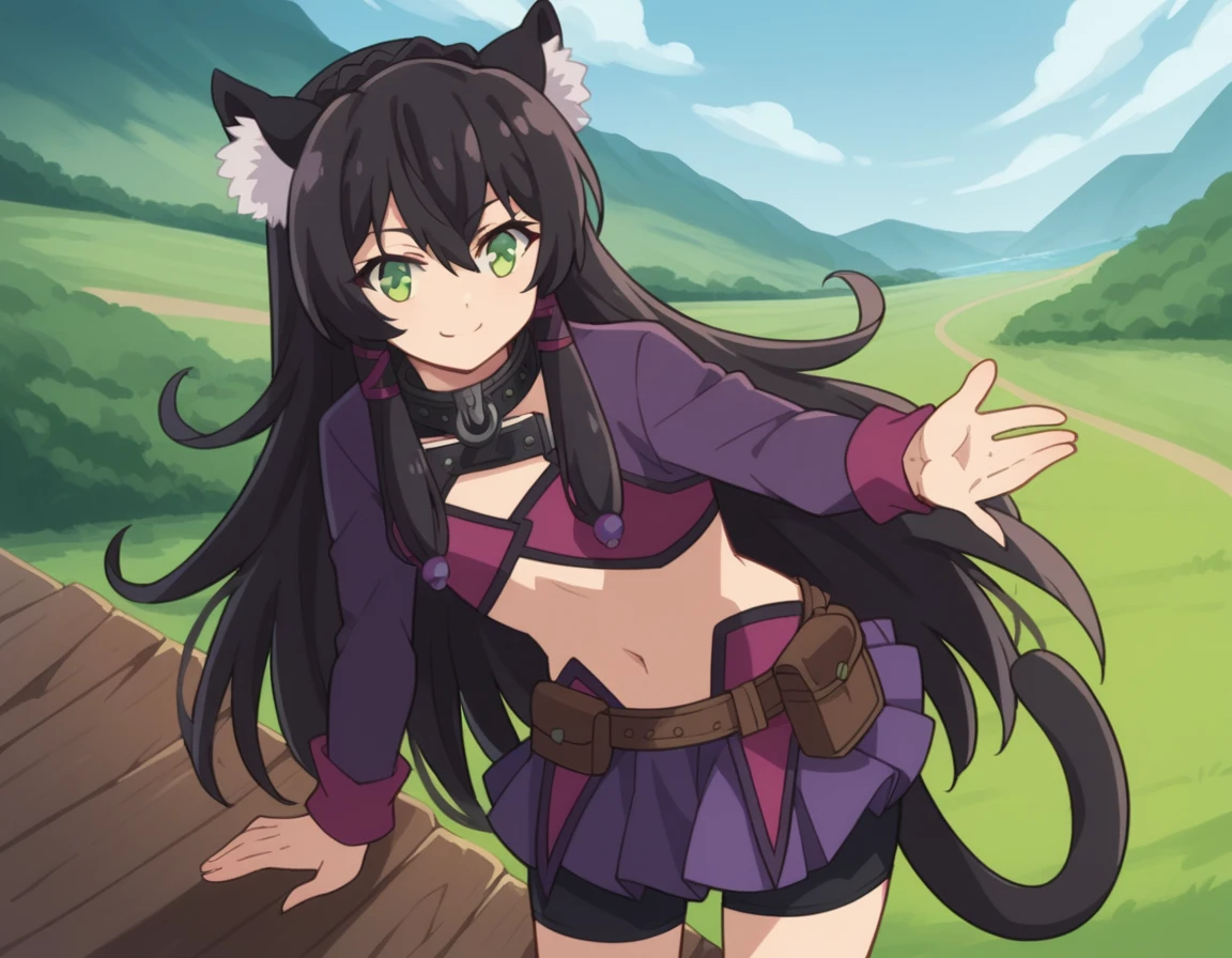 score_9, score_8_up, score_7_up, source_anime,
remgalleu, <lora:rem-galleu-s2-ponyxl-lora-nochekaiser:1>,
rem galleu, long hair, bangs, black hair, animal ears, hair between eyes, very long hair, green eyes, tail, sidelocks, cat ears, cat tail, animal ear fluff,
skirt, long sleeves, navel, pleated skirt, shorts, midriff, belt, miniskirt, stomach, collar, bike shorts, purple skirt, shorts under skirt, belt pouch, bike shorts under skirt,
landscape, bent over, smile,
looking at viewer, cowboy shot, solo, dutch angle