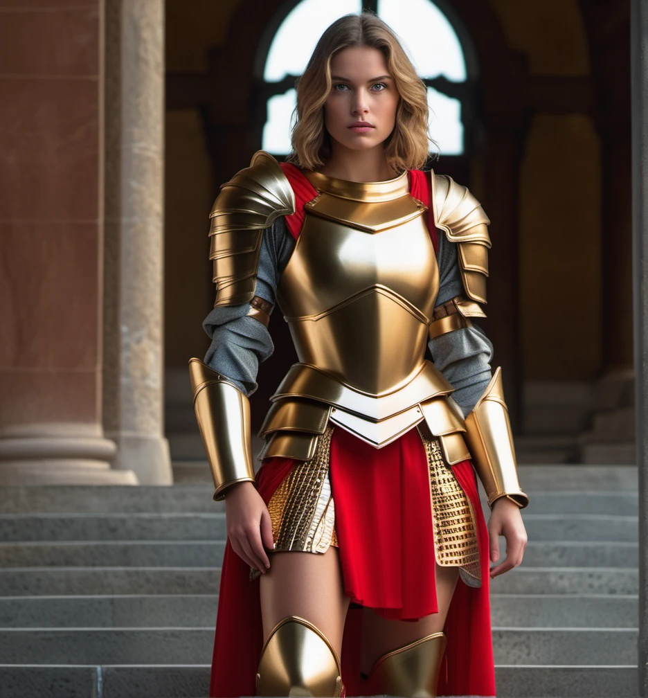 wizard, 1girl ,1980s, beauty face, armor gold, skirt red, ((realism)), extremely high quality RAW photograph, ultra detailed photograph, sharp focus, high resolution, (detailed skin:1,3),high quality, film grain, Fujifilm XT3,Highly Detailed, , (Cinematic Photo:1.3)