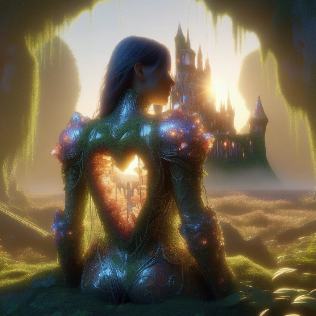 creating a serene and magical scene. the castle is made of green moss and has intricate designs on its walls. the sky is filled with bright sunlight, creating a serene and contemplative atmosphere. pg13 _ rating, standing in a forest filled with debris and debris. she's wearing a futuristic armor with a heart - shaped design on her back. the scene is set in the style of cyberpunk. pg13 _ rating, with sunlight shining brightly on its surface. pg _ rating