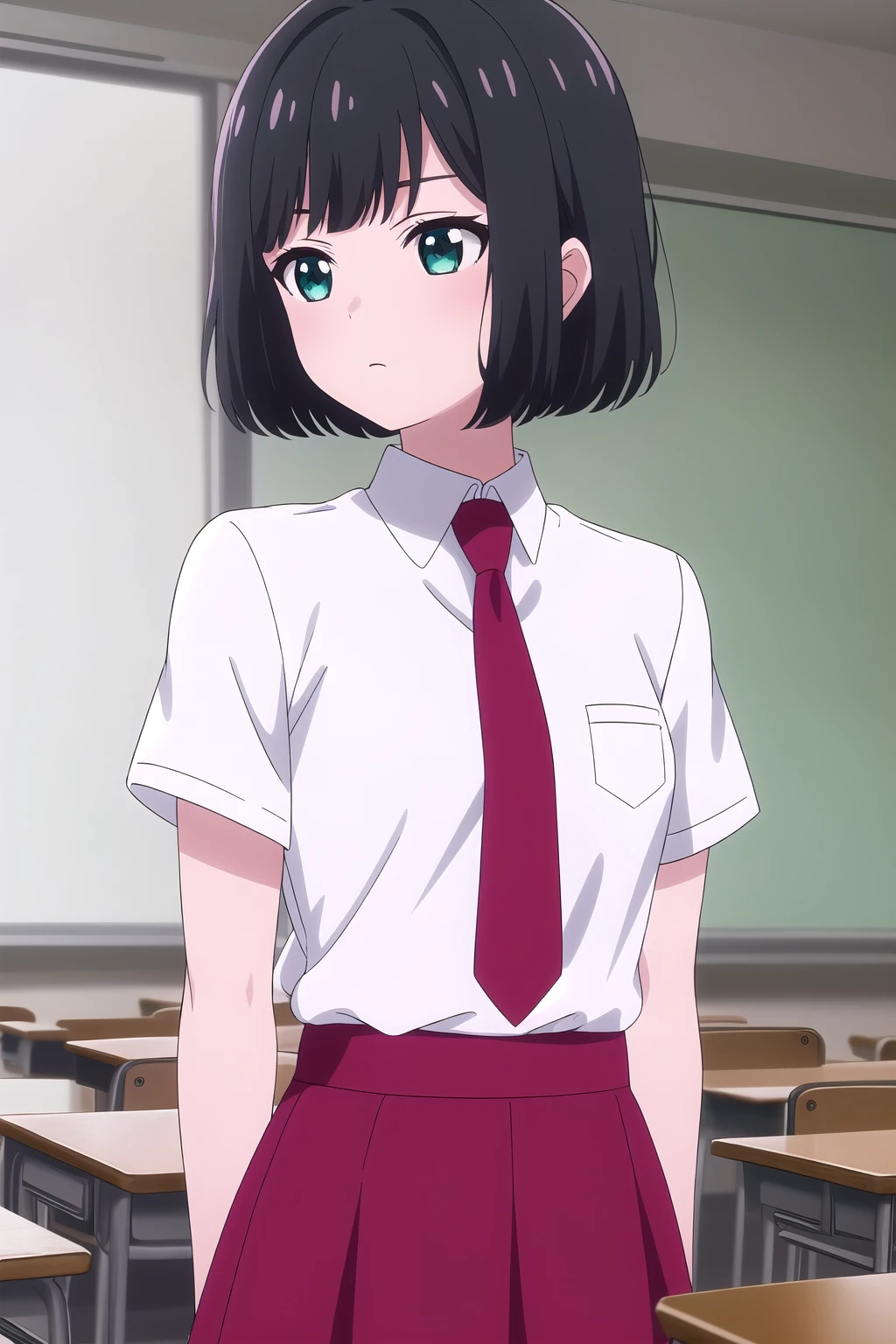 (masterpiece, best quality), highly detailed background, perfect lightingbest quality, takaginaomi, solo, indoors, classroom, black hair, blunt bangs, bob cut, short hair, aqua eyes, small breasts, white shirt, collared shirt, shirt tucked in, red necktie, short sleeves, red skirt, pleated skirt, school uniform, closed mouth, <lora:Takagi-Naomi-05:0.7>