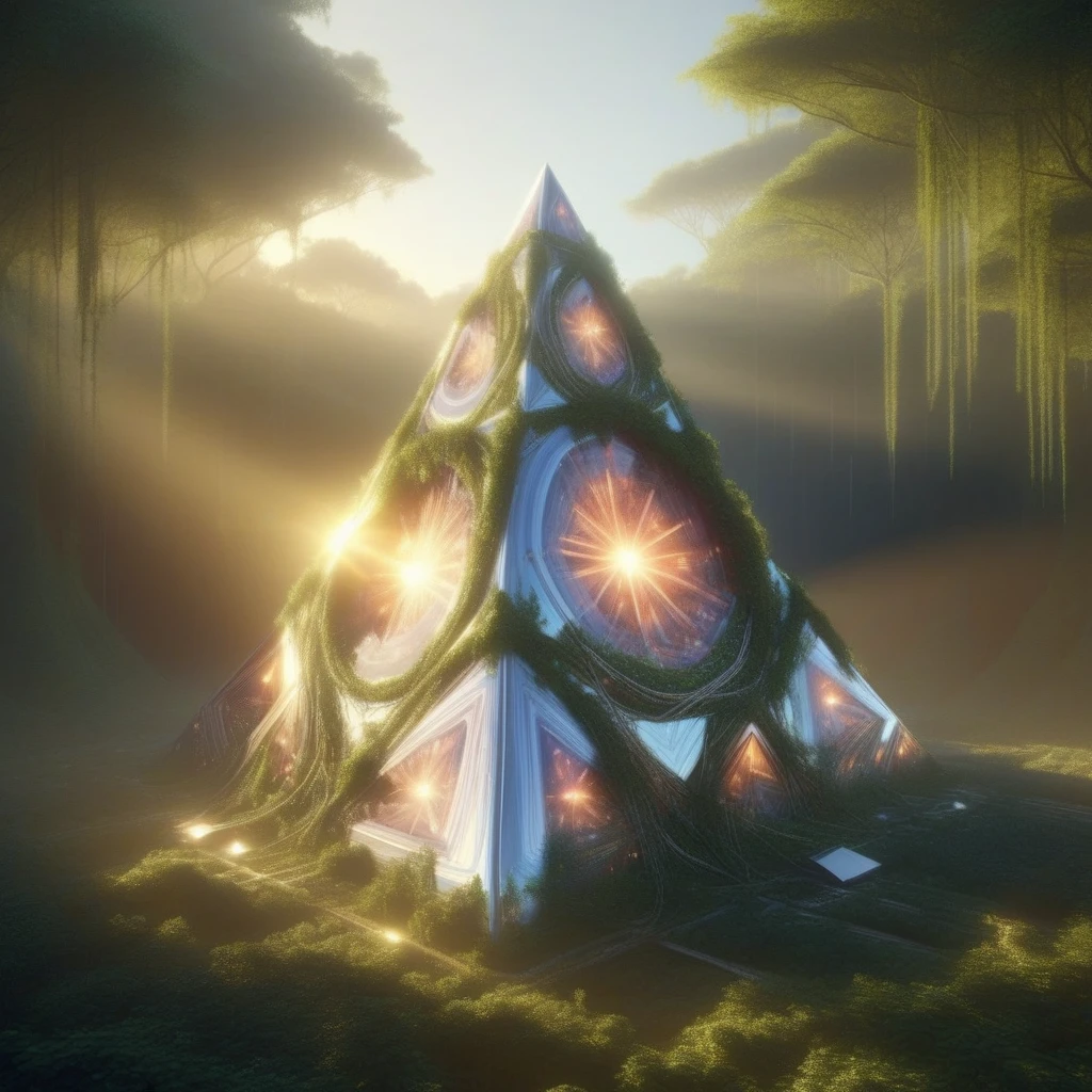 digital rendering of a futuristic pyramid - shaped building surrounded by a lush, creating a sense of adventure and exploration. pg13 _ rating by pex _ rating, magical forest. the background is bathed in sunlight, in the style of cyberpunk. the background is a jungle filled with sunlight shining through the trees. pg13 _ rating