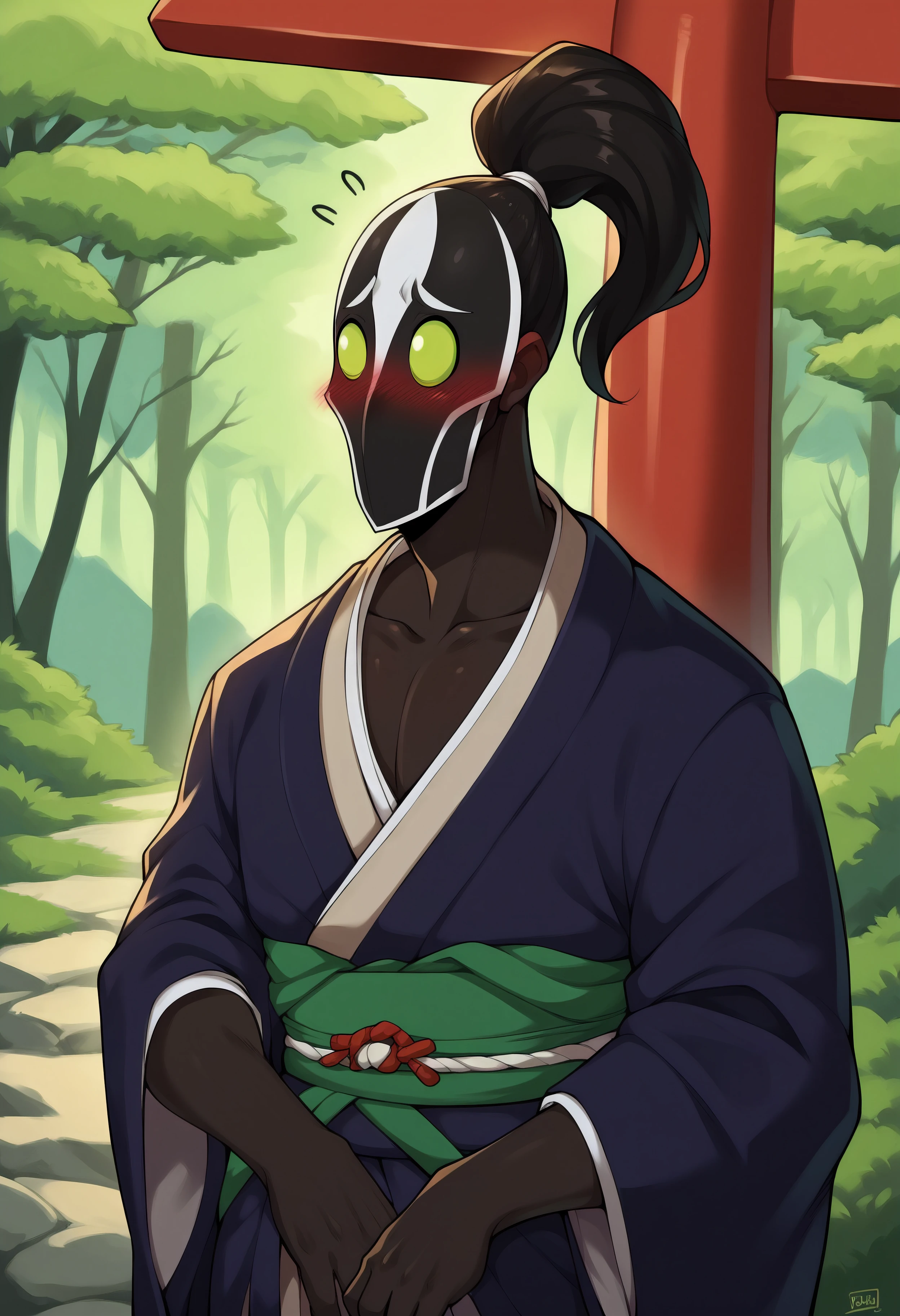 score_9, score_8_up, score_7_up, score_6_up, score_5_up, score_4_up, BREAK,  1boy, rubickpdxl, mask, ponytail, green eyes, sunny, black gloves, black skin, godrays, torii, forest, japanese clothes, kimono, traditional clothes, blush, shy, embarassed,  <lora:RubickTheGrandMagus:0.85>, <lora:PersonalAmi_PonyXL:1>