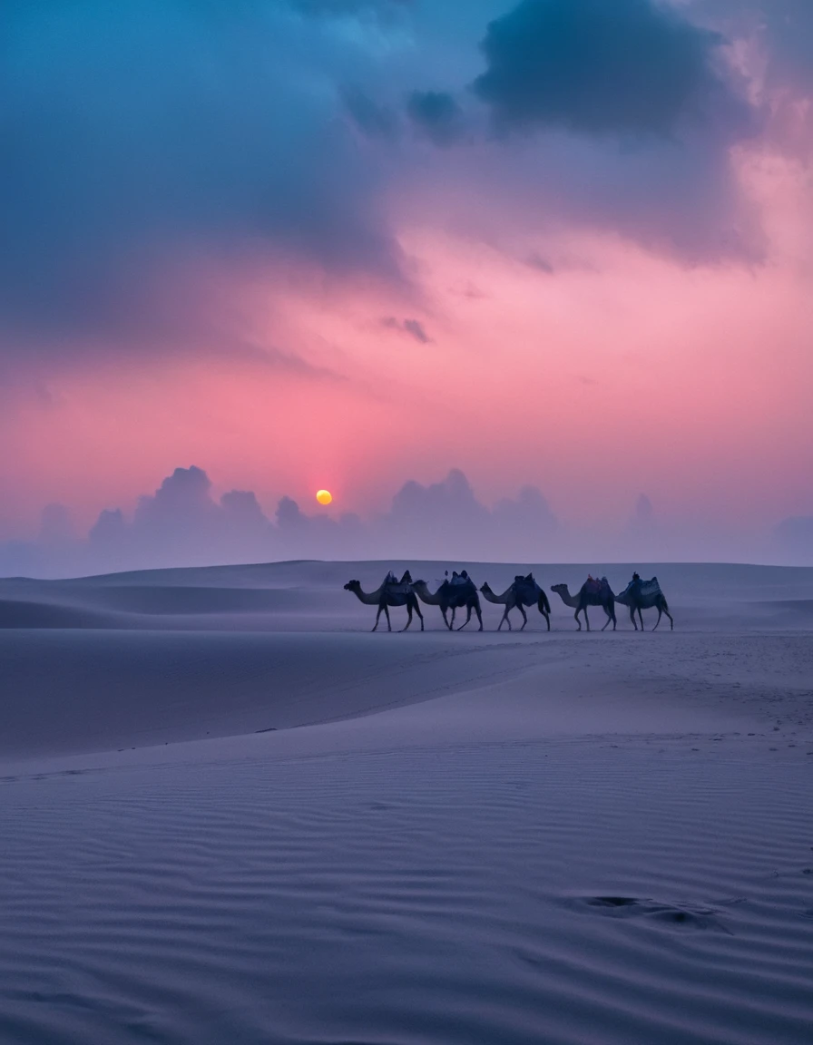 a camel caravan, dreamy analog style