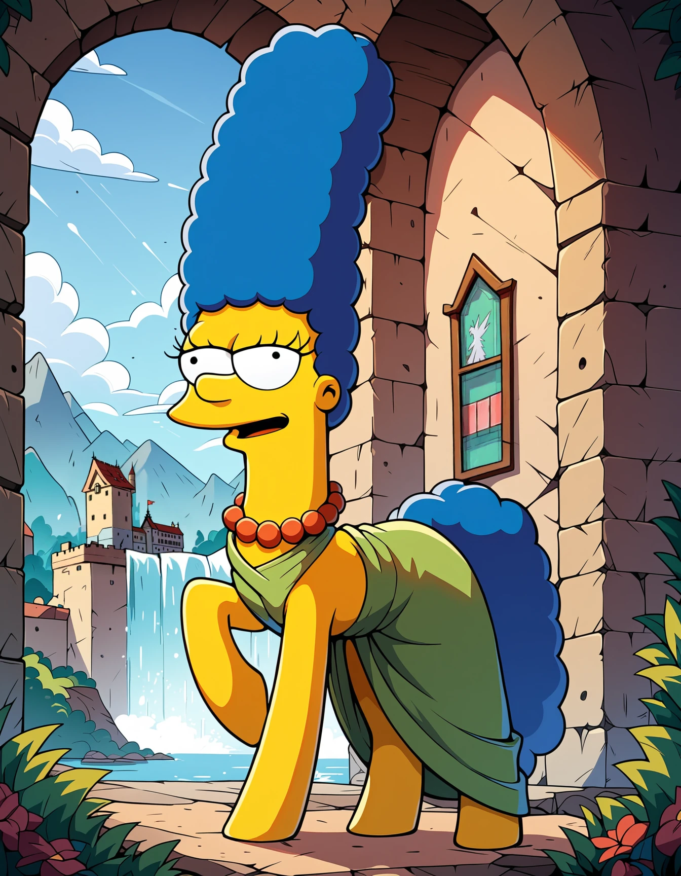 score_9, score_8_up, score_7_up, score_6_up, score_5_up, score_4_up,  
source: illustration,Marge,Simpsons, expressive, full body, pony, feral, cute, beautiful,wearing a green dress, bule hair, yellow fur, pretty,at a ancient dracula castle,outside,waterfall,, highly detailed, intricate details, digital art, perfect anatomy, perfect proportions, 4k, (dynamic pose:1.25),