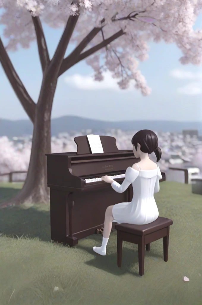 masterpiece, best quality, highres, sakurairo mau koro, symmetrical view, pov, facing viewer, looking at viewer, closeup on face, 1girl, sitting on chair, playing wooden piano, off shoulder, white dress, under tree, sky, turf, grass, petal, sakura, cherry blossoms, hilltop, slope, trunk, bench, cityscape, overlooking, <lora:sakurairomaukoro_sdxl_rearview:0.8>