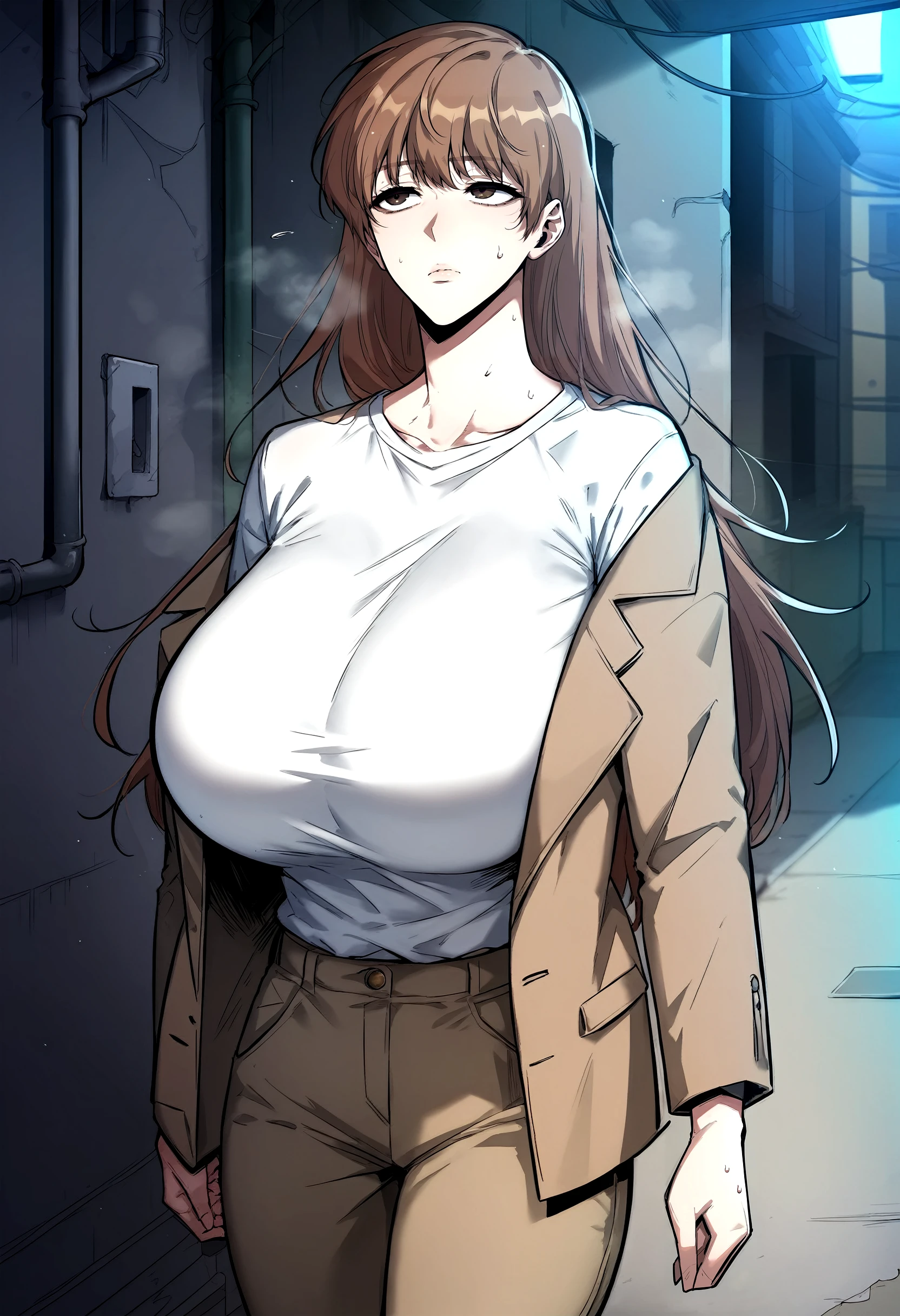 score_9, score_8_up, score_7_up, score_6_up, source_anime, rating_explicit, <lora:neg4all_bdsqlsz_V3.5:2.0>1girl, (solo:1.2), huge breasts, <lora:YooSangahautismmixxl:1>long hair, brown hair, brown eyes, bangs, brown jacket, white shirt, t-shirt, brown pants, long sleeves, expressionless, Narrow shoulders, sweat, heavy breathing, steaming body, alley, indoor, (walking:1.2)