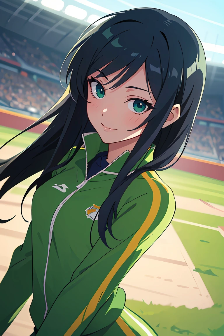 flat vector art,vector illustration, 1girl,20s,light_smile,glossy eyes,closed_mouth,long black hair,dark blue eyes,track suit,in a baseball field,upper body,dynamic angle,focus,overexposure,(illustration,beautifully painted:1.1),(cinematic lighting:1.2),(light_green:1.3),Personage as the main perspective,neat figure,(beautiful detailed eyes:1.1),(extremely detailed anime:1.3),(a extremely delicate and beautiful woman:1.1),(illumination:1.2),Cowboy Shot, masterpiece, best quality, highres,,<lora:GoodHands-beta2:1>