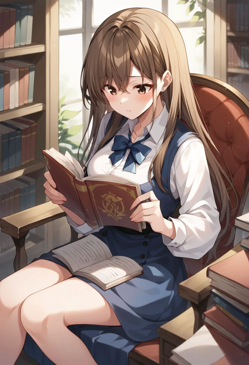 score_9, score_8_up, score_7_up,takarai yua, brown eyes, long hair, brown hair, 1girl, sitting in a chair, library, reading a book