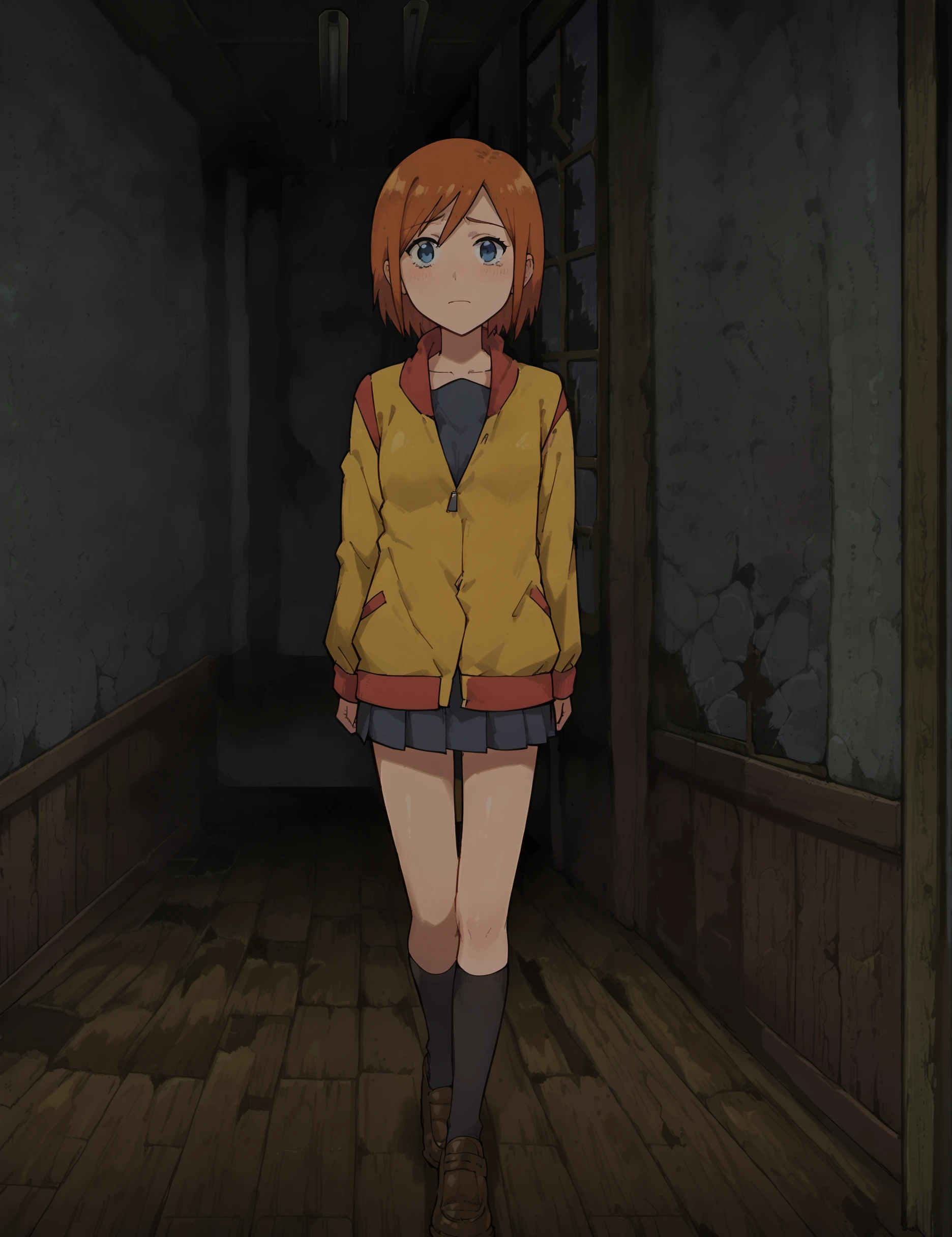 score_9, score_8_up, score_7_up, score_6_up,
BREAK
lunaMWS, 1girl, full body, blue eyes, orange hair, short hair, swept bangs, looking at viewer, small breast, scared, walking
BREAK
serafuku, school uniform, yellow jacket, open jacket, kneehighs, loafers
BREAK
heavenlyhost, school, hallway, tile ceiling, ceiling, ceiling light, window, broken glass, sliding door, wooden floor, white wall, wainscoting, horror \(theme\), night, indoors <lora:Luna_PlanetSurvival-000009:1>  <lora:HeavenlyHostBG:1>